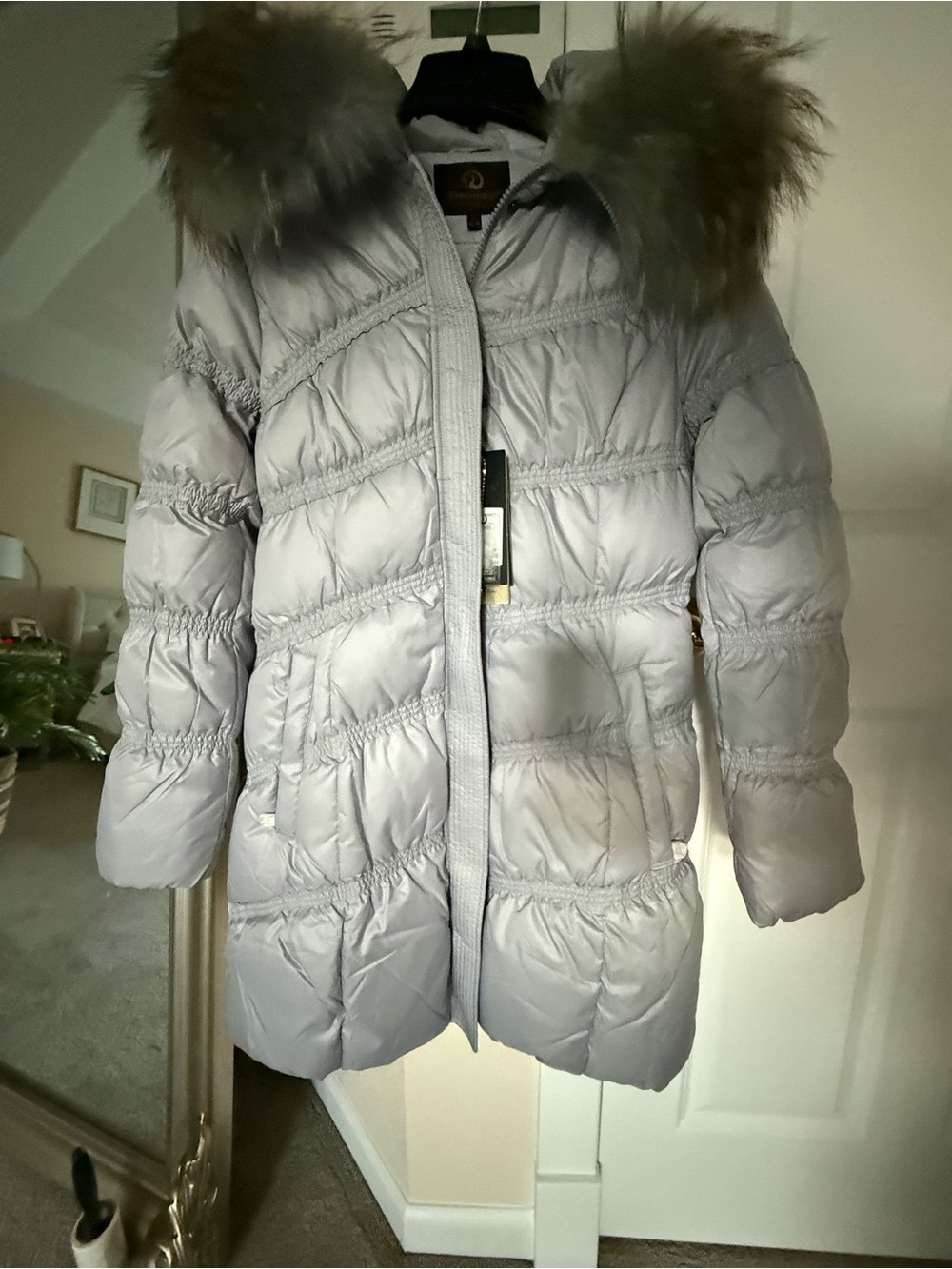 Women's Light Gray Quilted Down Coat with Fur-Trim Hood